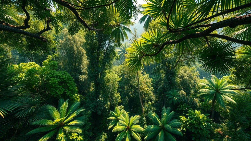 Lush tropical forest canopy with diverse tree heights and textures, sunlight filtering through leaves, aerial perspective showing vegetation density variations, photorealistic colors