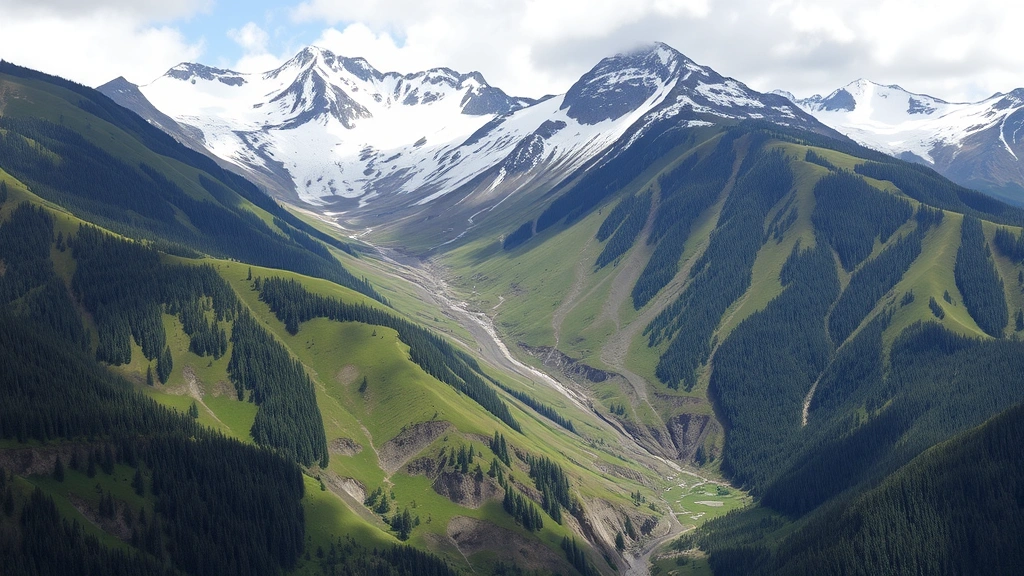 Mountain landscape with snow-capped peaks, forested slopes in multiple green shades, visible erosion patterns and water channels, showing topographic complexity and ecosystem transitions