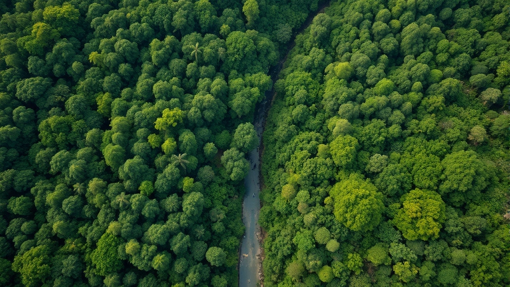 Dense tropical forest canopy viewed from above with river winding through, showing forest structure and biodiversity hotspot, satellite imagery style