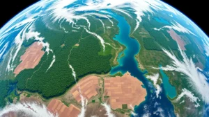Satellite view of Earth showing diverse ecosystems: lush green forests, blue water bodies, and brown agricultural fields in a mosaic pattern, high altitude perspective