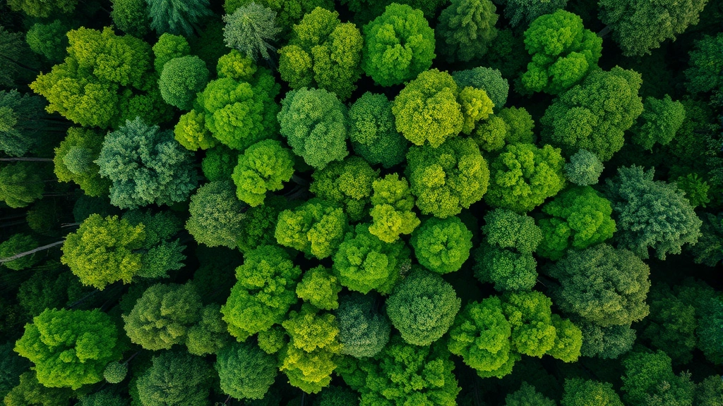 Forest canopy from above captured by drone, showing dense vegetation structure with varying shades of green indicating different tree ages and health conditions, natural daylight