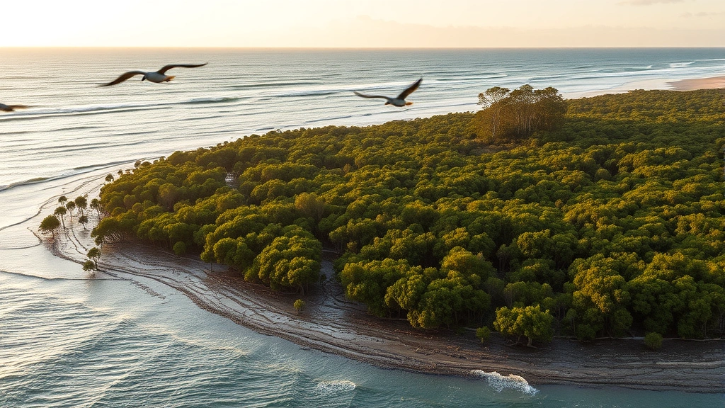 Coastal landscape with mangrove forests meeting ocean waters, showing intricate ecosystem boundaries where land transitions to sea, birds flying overhead, golden hour lighting