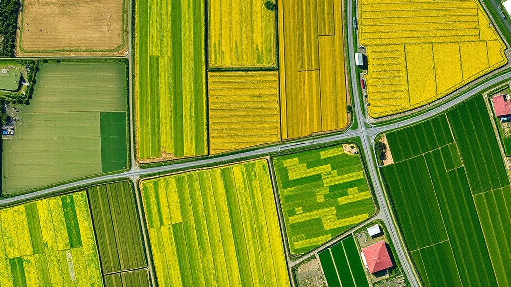 Satellite view of agricultural fields showing different vegetation health patterns in green and yellow tones, with irrigation systems visible from above, representing precision agriculture monitoring