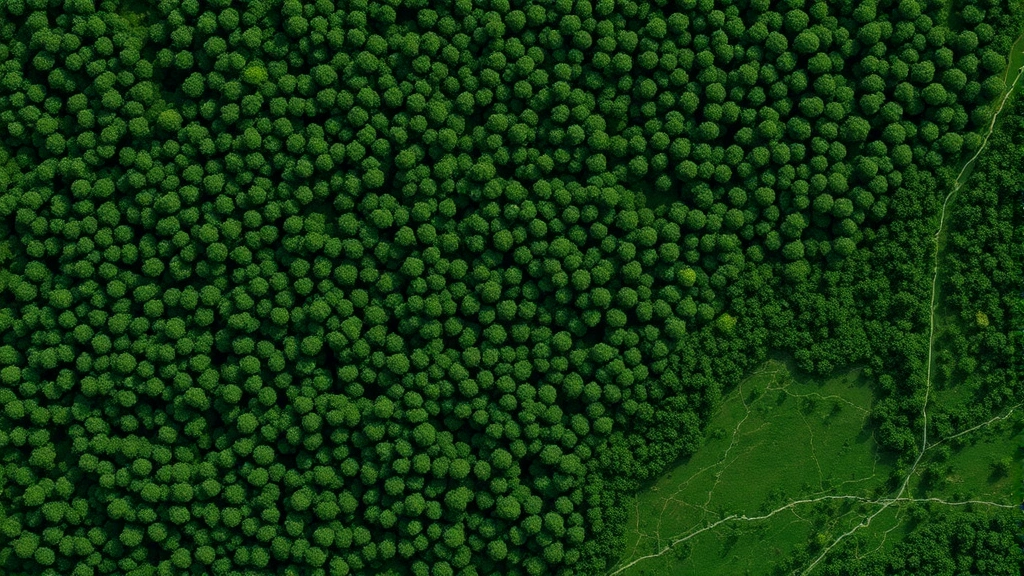 Dense forest canopy from above with satellite imagery showing tree crown patterns, deforestation boundaries, and intact forest blocks in varying shades of green, representing forest management monitoring