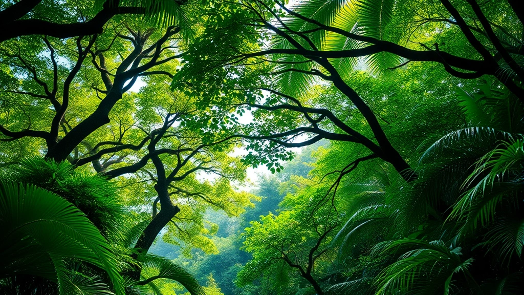 Lush tropical rainforest canopy with multiple tree species, vibrant green foliage, sunlight filtering through layers, diverse wildlife visible, photorealistic, high biodiversity ecosystem