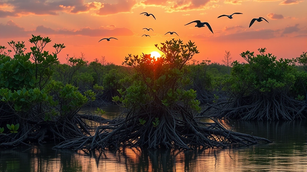 Mangrove forest ecosystem at sunset with intricate root systems in water, birds flying overhead, coastal protection visible, multiple plant and animal species present, photorealistic