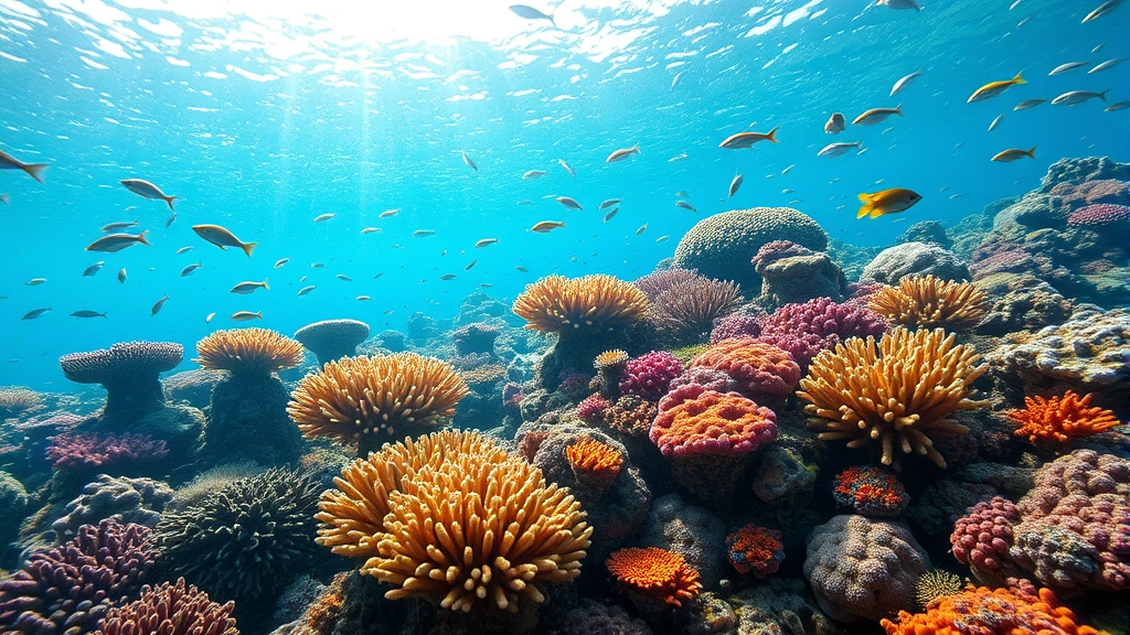Vibrant coral reef underwater scene with multiple coral species, diverse fish populations, clear water, natural light penetration, healthy marine biodiversity, photorealistic