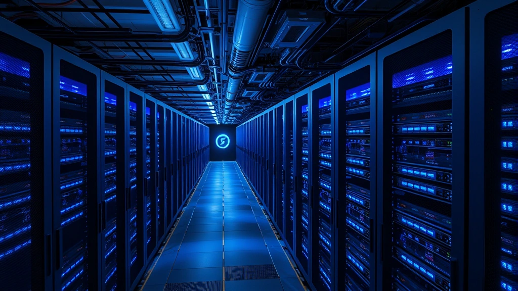 Aerial view of data center with rows of servers and cooling systems, showing blue LED lights and cable infrastructure, photorealistic daylight photography