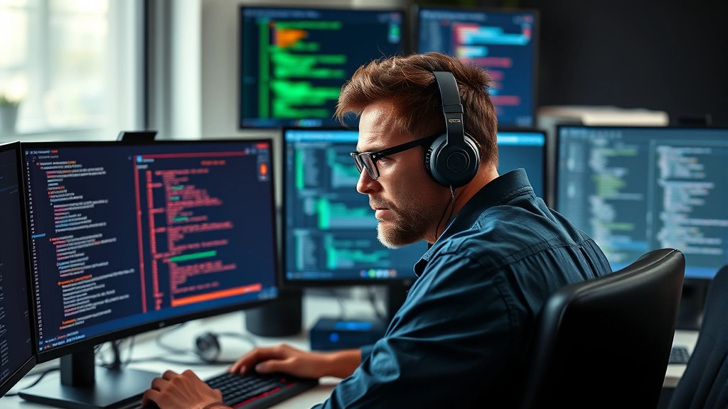 Developer at workstation surrounded by multiple monitors displaying code and system metrics, with visible strain and focus, professional office environment