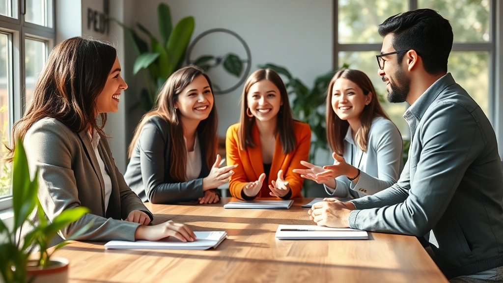 Diverse professional team members engaged in collaborative discussion around wooden table with natural light streaming through windows, genuine expressions of attentive listening and mutual respect, modern office environment with plants and natural materials
