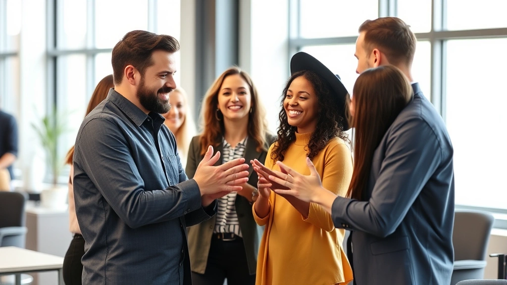 Employee receiving recognition and affirmation from colleagues in workplace setting, showing genuine positive emotion and connection, diverse group body language conveying respect and appreciation, warm lighting and inclusive atmosphere