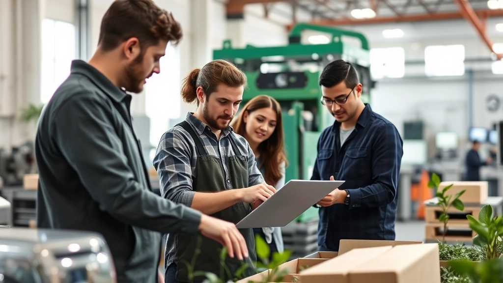 Sustainable manufacturing facility with employees working together on environmental responsibility initiative, showing respect-based teamwork, green technology integration, natural light workspace with modern equipment, collaborative energy visible in team dynamics