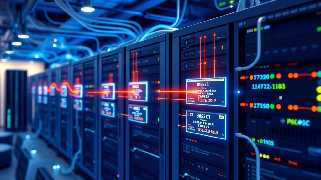 Photorealistic image of interconnected server nodes with flowing data streams, representing reverse proxy traffic routing and load balancing in a modern data center environment