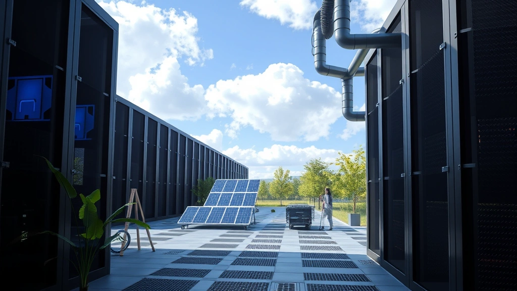 Photorealistic image of a sustainable data center facility with renewable energy panels and efficient cooling systems, showing the environmental benefits of optimized infrastructure