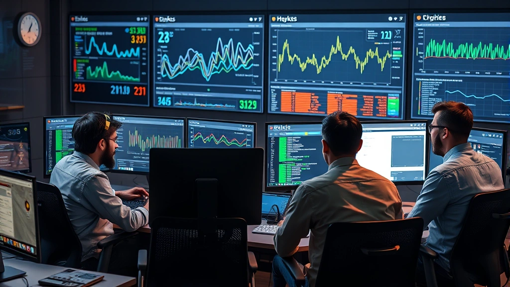 Photorealistic image of developers collaborating around computer workstations with visualization displays showing network traffic patterns, performance metrics, and resource utilization data
