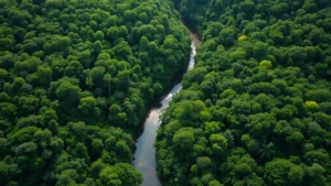 Aerial view of lush green forest canopy with winding river, dense biodiversity ecosystem, natural light filtering through trees, vibrant vegetation and water reflection