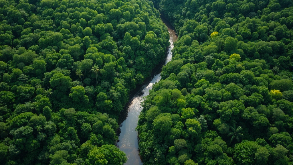 Aerial view of lush green forest canopy with winding river, dense biodiversity ecosystem, natural light filtering through trees, vibrant vegetation and water reflection