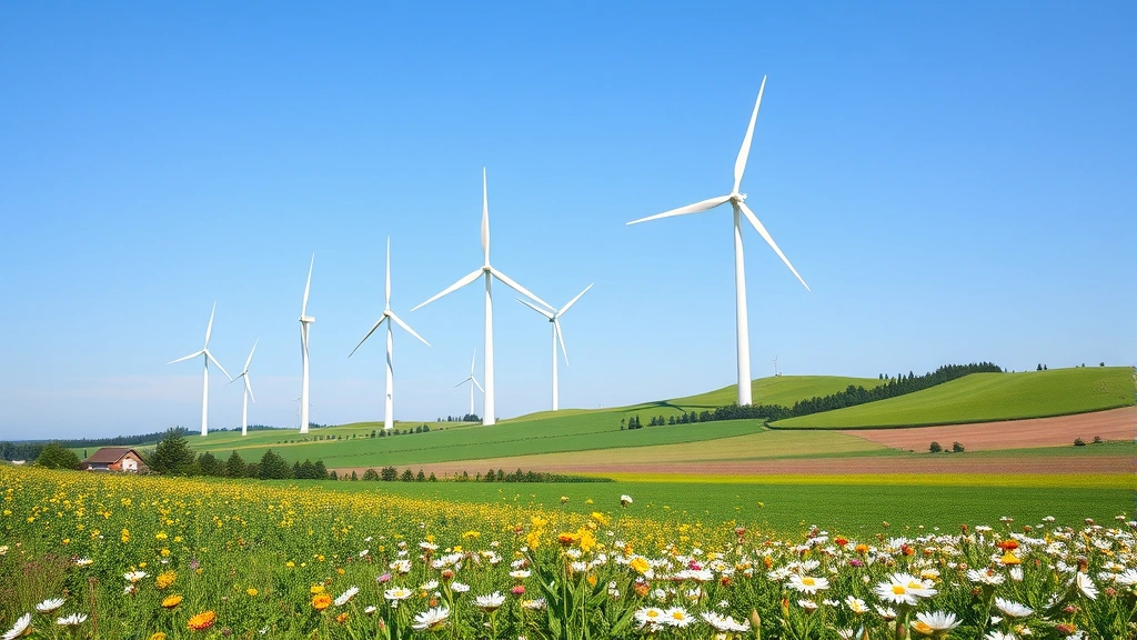 Modern renewable energy wind turbines in green landscape with wildflowers blooming, sustainable agriculture fields below, clear blue sky, natural harmony of technology and nature