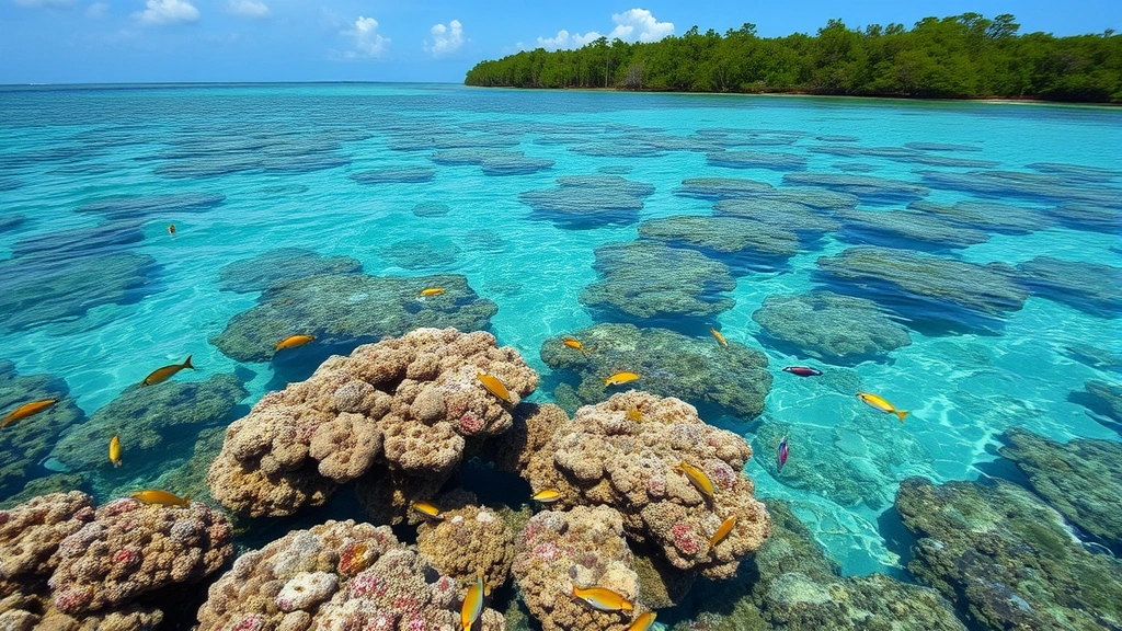 Thriving coastal ecosystem with healthy coral reef teeming with colorful fish, crystal clear turquoise water, mangrove forest in background, pristine natural environment