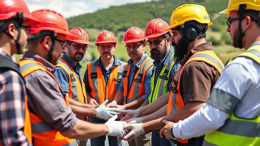 Diverse group of workers in safety equipment participating in hands-on training session outdoors with green landscape and clear sky in background, photorealistic