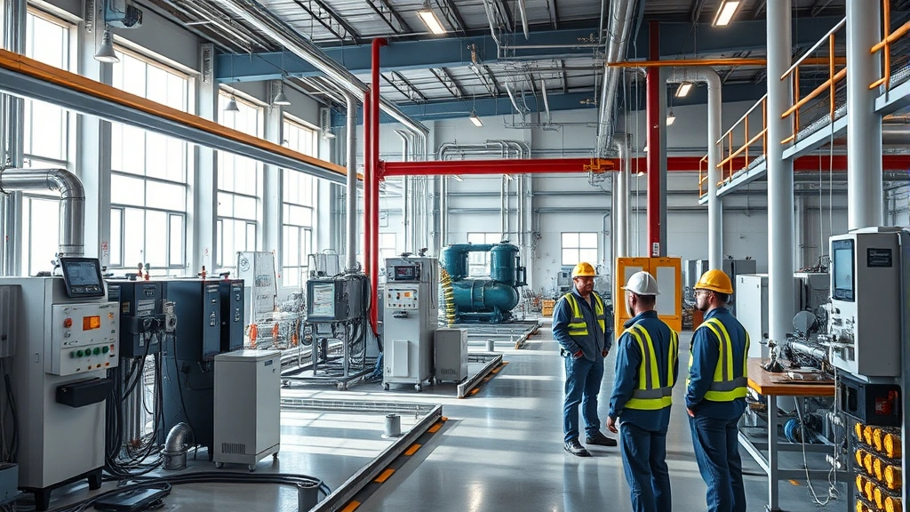 Industrial facility with modern environmental monitoring equipment, water treatment systems, and workers discussing sustainability practices, natural lighting, photorealistic