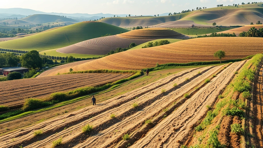Agricultural landscape showing sustainable farming practices with workers implementing erosion control and soil conservation techniques, rolling hills and healthy vegetation visible, photorealistic