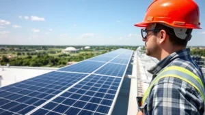 Industrial worker in hard hat inspecting solar panel installation on factory rooftop, green landscape visible below, clear safety equipment visible, professional maintenance setting
