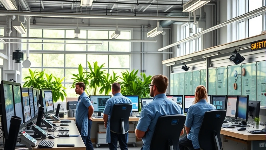Manufacturing facility control room with workers monitoring equipment dashboards, natural light streaming through windows, green plants in background, modern safety signage, collaborative team environment
