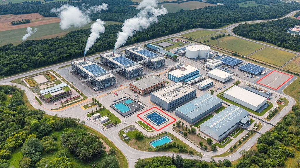 Aerial view of sustainable industrial campus with renewable energy systems, water treatment facilities, worker safety zones marked with colors, thriving vegetation surrounding buildings, integrated ecosystem