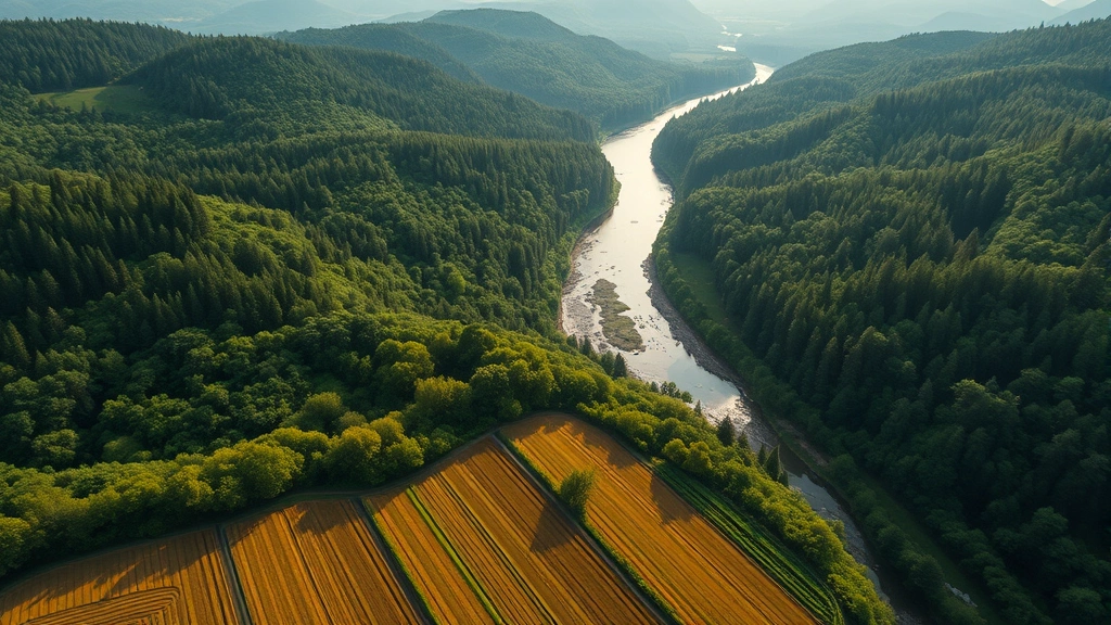 Aerial view of pristine river valley flowing through diverse forest ecosystem with agricultural fields in foreground, showing transition from natural to human-managed landscape, morning light reflecting off water, vibrant green vegetation