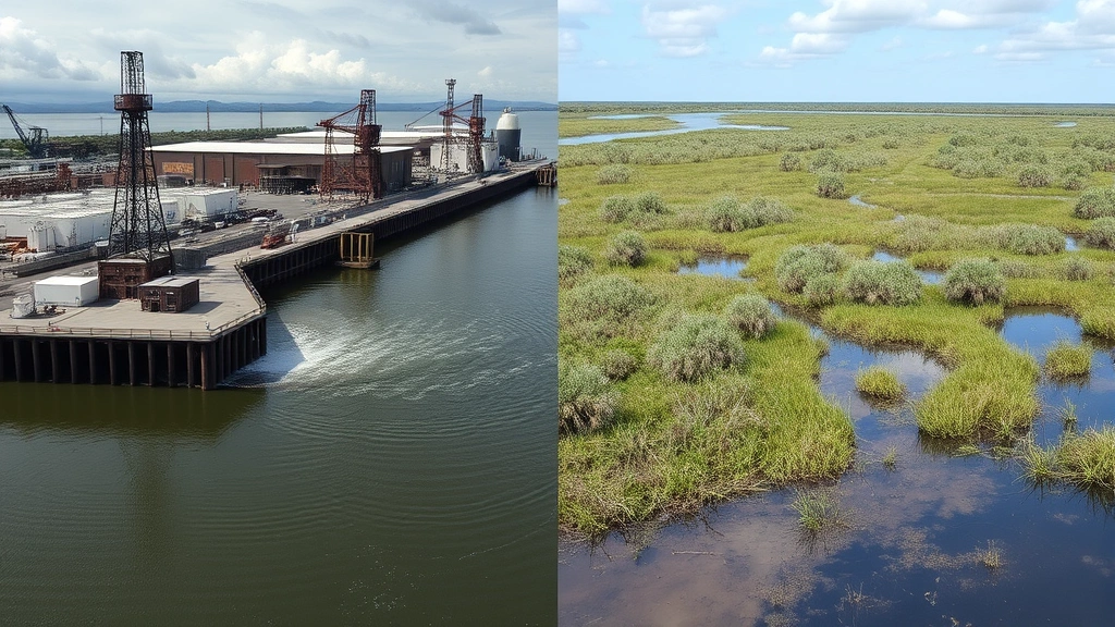 Industrial waterfront facility with visible pollution discharge into estuary, contrasted with adjacent restored wetland area with native vegetation and wildlife, demonstrating environmental degradation versus restoration economics