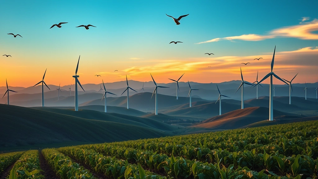 Renewable energy wind farm landscape with modern turbines across rolling hills, agricultural crops growing between turbines, birds flying overhead, sunset lighting, showing integration of energy production with ecosystem function