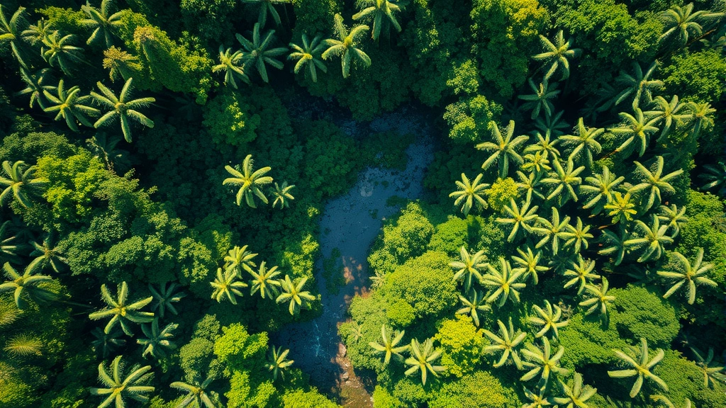 Aerial view of lush tropical rainforest canopy with winding river, diverse green vegetation creating natural patterns, bright natural sunlight filtering through dense foliage, photorealistic high-resolution nature landscape