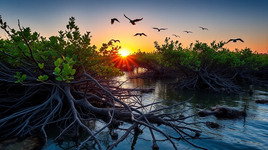Coastal mangrove forest at sunset with intricate root systems visible in shallow water, birds in flight above, golden hour lighting reflecting on water surface, vibrant ecosystem in natural habitat