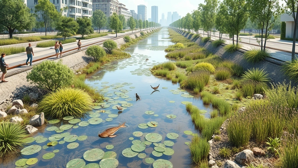 Urban wetland restoration project showing water purification system with native plants, clear water channels, wildlife visible, natural green infrastructure integrated with landscape, photorealistic environmental restoration