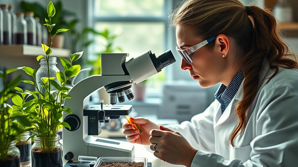 Scientist in laboratory examining soil samples under microscope with green plants and natural light, photorealistic detailed workspace showing research equipment and environmental samples