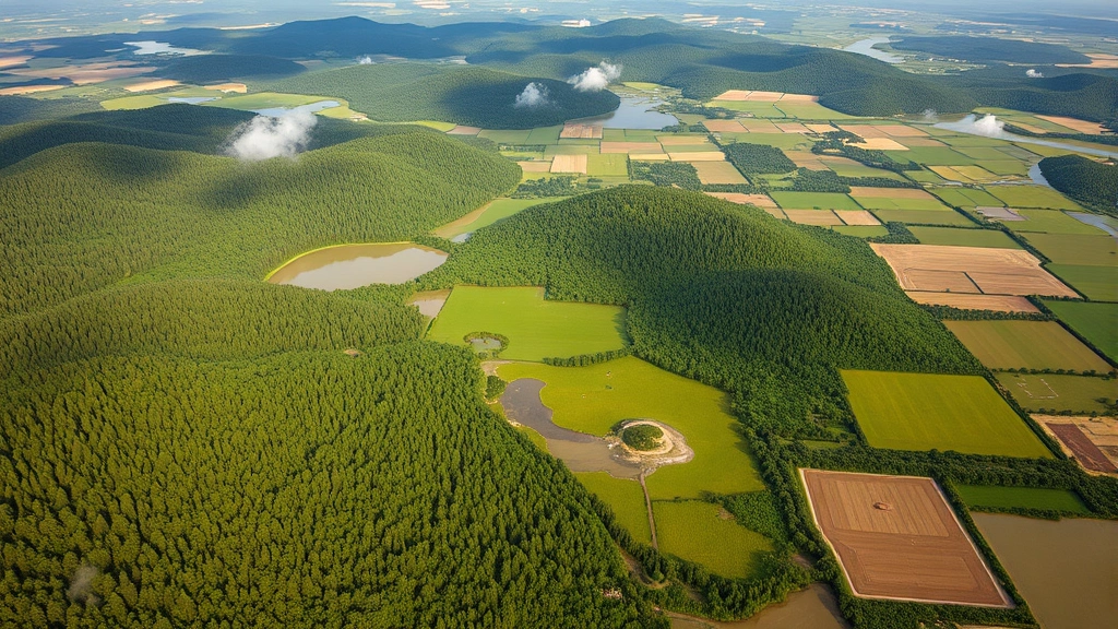 Aerial view of diverse landscape showing forests, wetlands, agricultural fields, and water bodies representing ecosystem services and natural capital, photorealistic high-altitude perspective