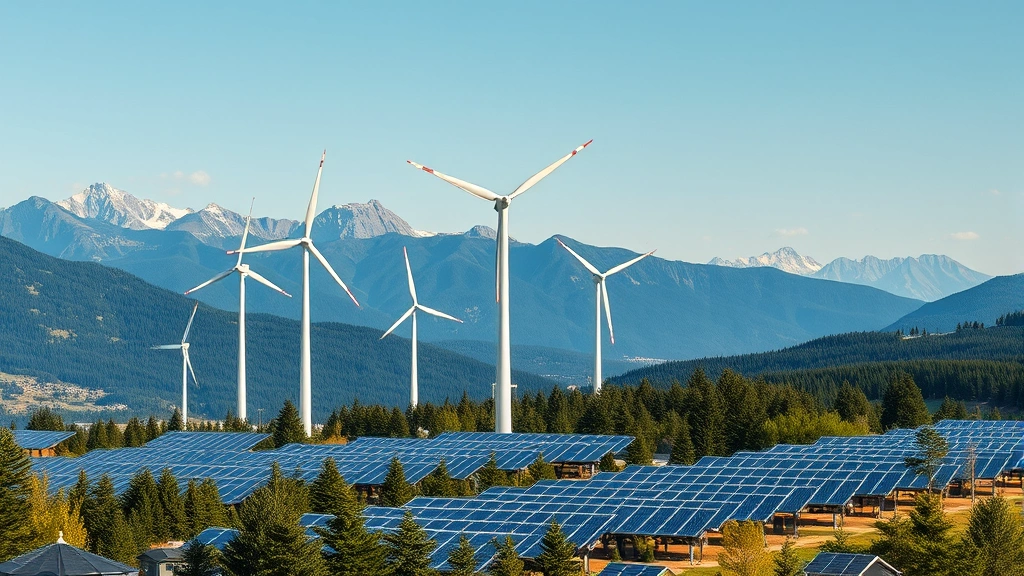 Modern wind turbines and solar panels in natural landscape with mountains and forests, photorealistic renewable energy infrastructure integrated with natural environment