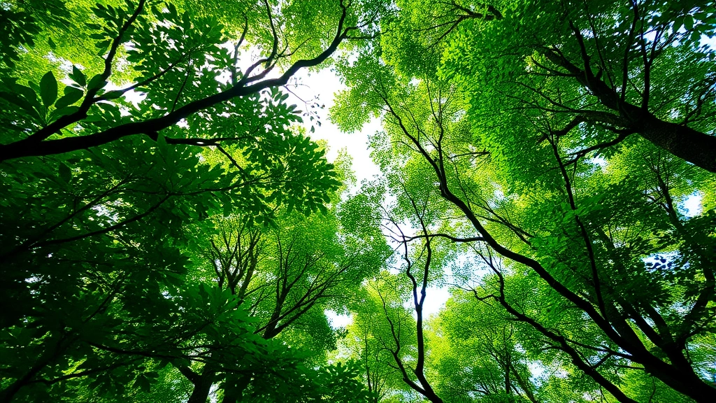 Lush green forest canopy viewed from below with sunlight filtering through dense leaves, showing rich biodiversity and healthy ecosystem complexity with no visible text or labels