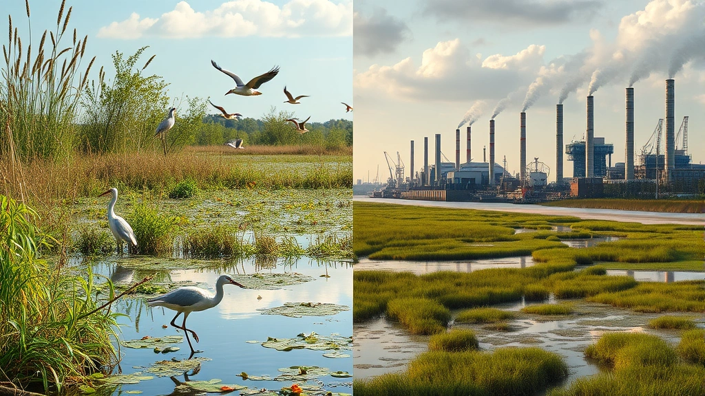 Split-screen composition showing thriving wetland ecosystem with water birds and vegetation on one side, industrial waterfront with factories and pollution on the other, both photorealistic and detailed