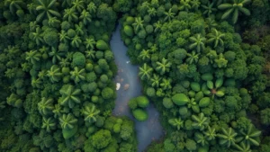 Aerial view of intact tropical rainforest canopy with river tributaries, showing dense green vegetation and natural water systems, photorealistic, natural lighting