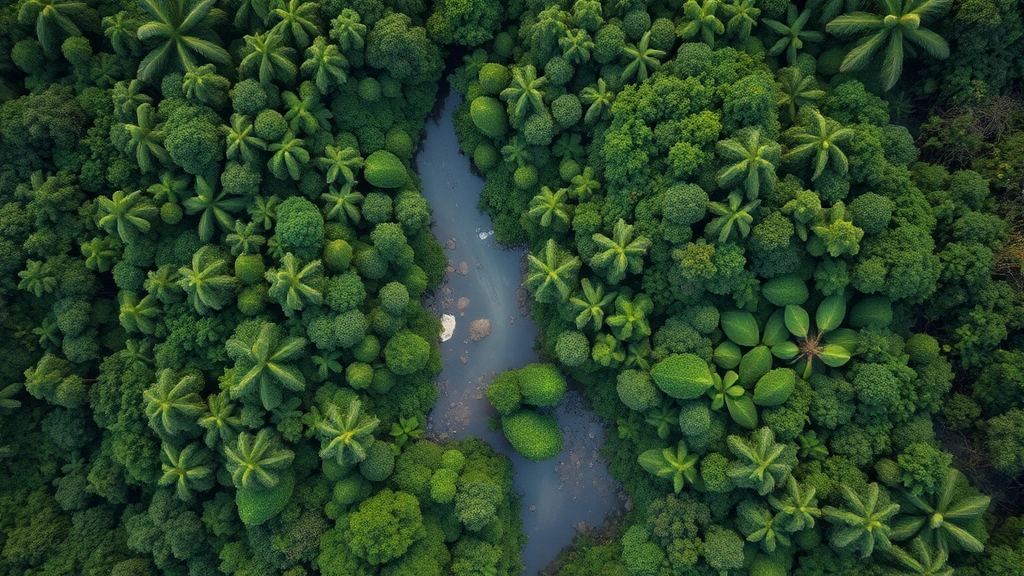 Aerial view of intact tropical rainforest canopy with river tributaries, showing dense green vegetation and natural water systems, photorealistic, natural lighting