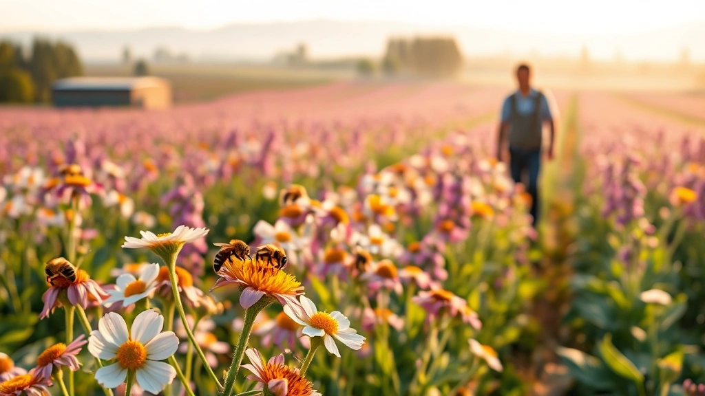 Diverse agricultural landscape with pollinating bees on flowering crops, farmer in sustainable field operations, morning light, natural colors, photorealistic