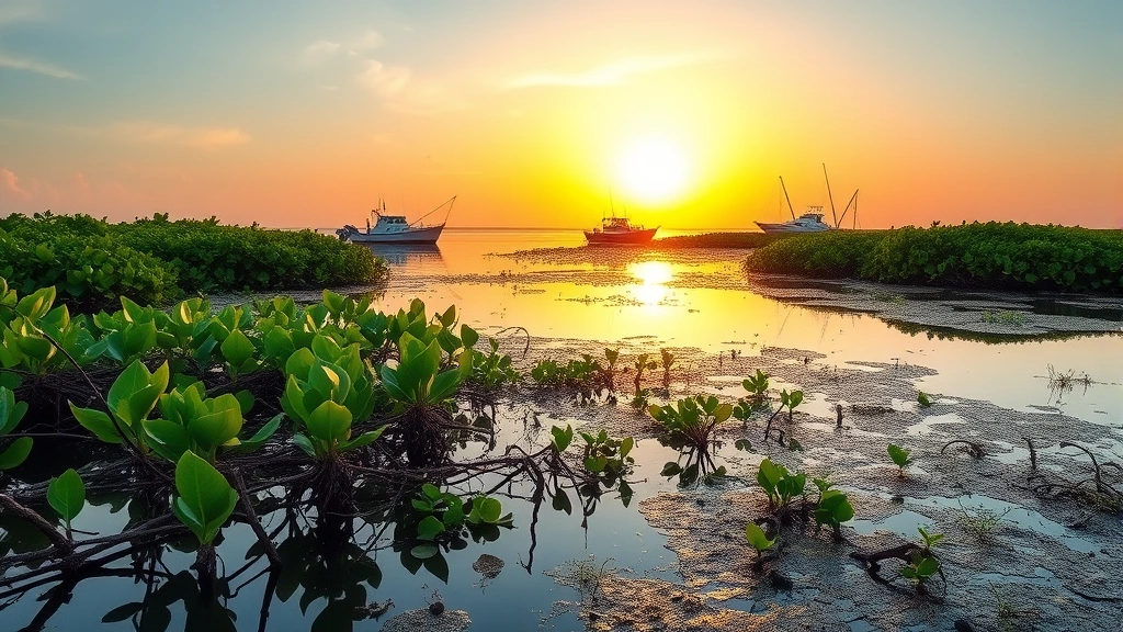 Coastal mangrove ecosystem with water reflections, fishing boats in background, healthy marine vegetation, sunset lighting, photorealistic nature photography