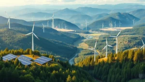 Renewable energy solar panels and wind turbines across diverse landscape with thriving forests and clean rivers flowing through valleys, photorealistic natural lighting showing sustainable infrastructure integration
