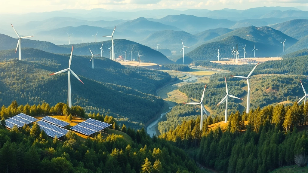 Renewable energy solar panels and wind turbines across diverse landscape with thriving forests and clean rivers flowing through valleys, photorealistic natural lighting showing sustainable infrastructure integration