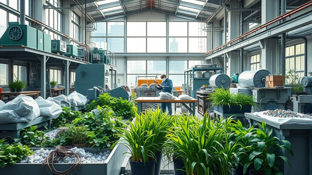 Circular economy manufacturing facility with workers sorting and processing recycled materials, green plants growing around industrial equipment, natural light streaming through large windows showing material transformation