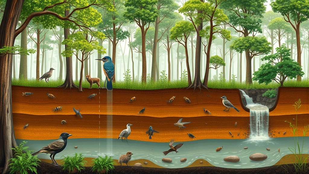 Diverse ecosystem with healthy forest canopy, rich soil layer visible in cross-section, wildlife including birds and insects, clean water sources, representing natural capital and ecosystem services in pristine condition