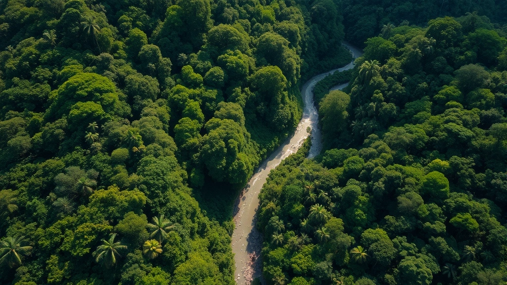 Aerial view of pristine tropical rainforest canopy with winding river reflecting sunlight, rich green biodiversity intact