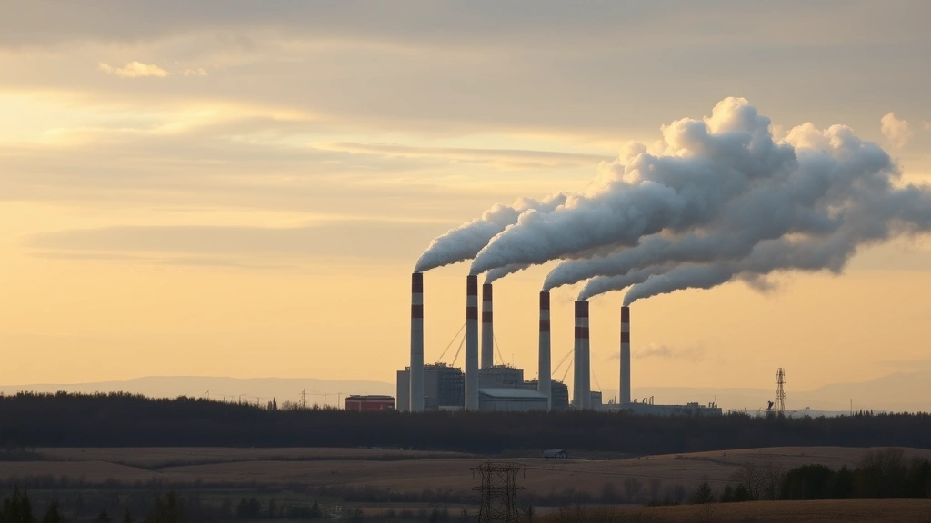 Industrial factory with multiple smokestacks emitting gray pollution into sky above barren, deforested landscape